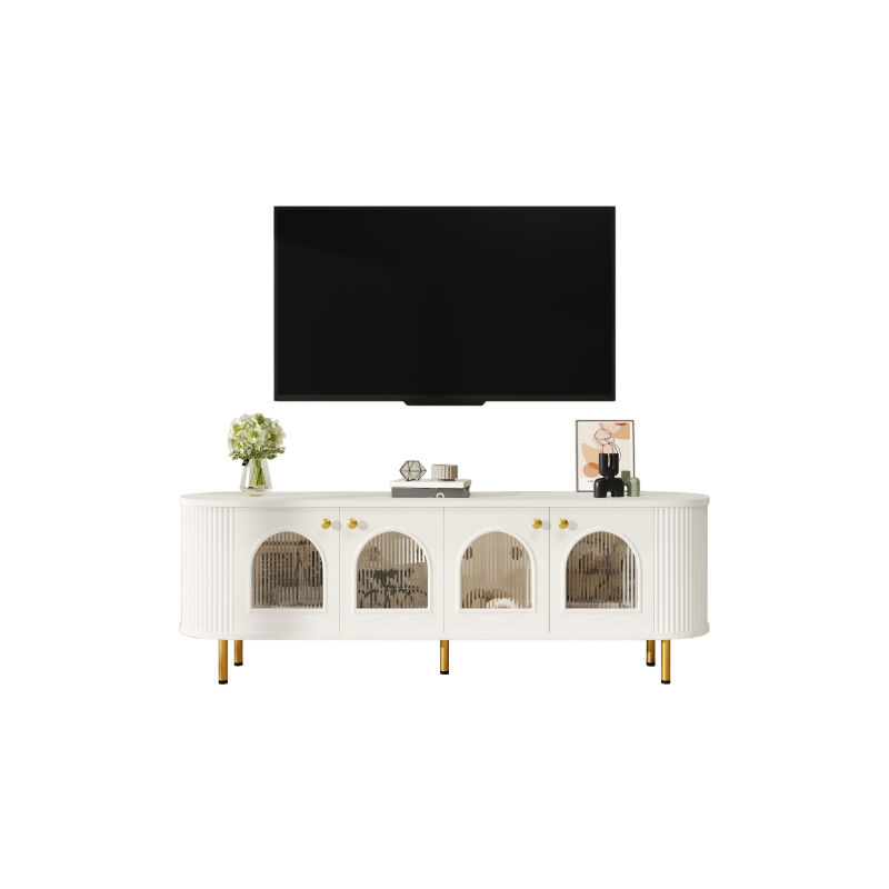 Armoire tv, lowboard avec portes vitrées, meuble de rangement pratique pour le salon, poignées et pieds dorés