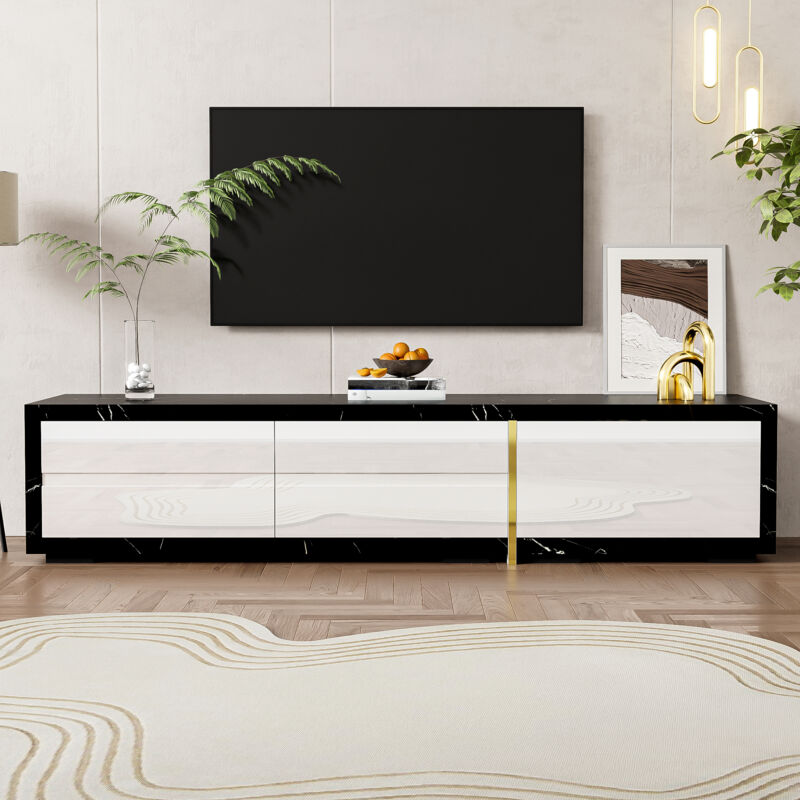 Redom - Armoire tv moderne, longueur variable (140-260 cm), fonction pivotante, finition marbre noir avec finition blanc mat brillant