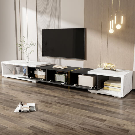 Armoire TV moderne, longueur variable (140-260 cm), fonction pivotante, finition marbre blanc avec finition noir mat brillant