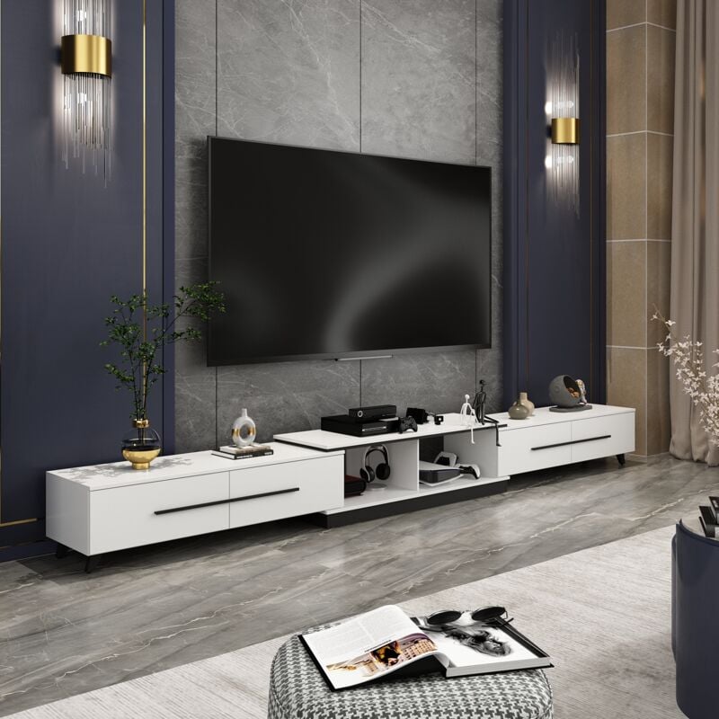 Fufu&gaga - Armoire tv moderne , Meuble tv bas avec longueur réglable ,Banc tv avec tiroirs et pieds, blanc et noir (240cm-345 cm l x 40cm p x 33.5