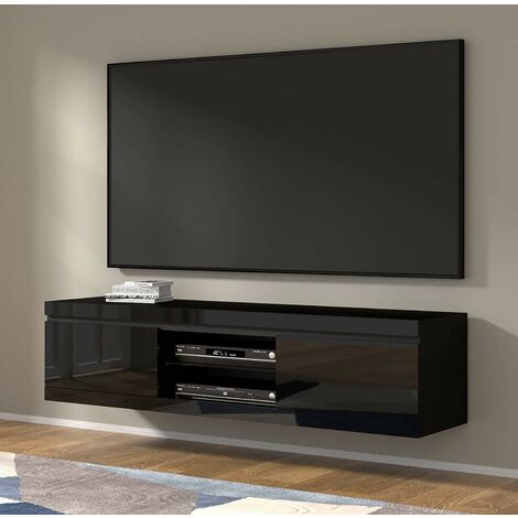 Bim Furniture – Meuble TV suspendu 180cm noir – Corps en stratifié 16mm – Avec étagère en verre et trou pour câbles – Design moderne et flexible