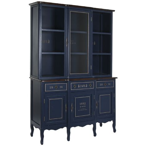 Armoire vaisselier, vitrine en bois de paulownia/verre coloris bleu foncé - Longueur 141.5 x Profondeur 44 x Hauteur 199 cm -PEGANE-