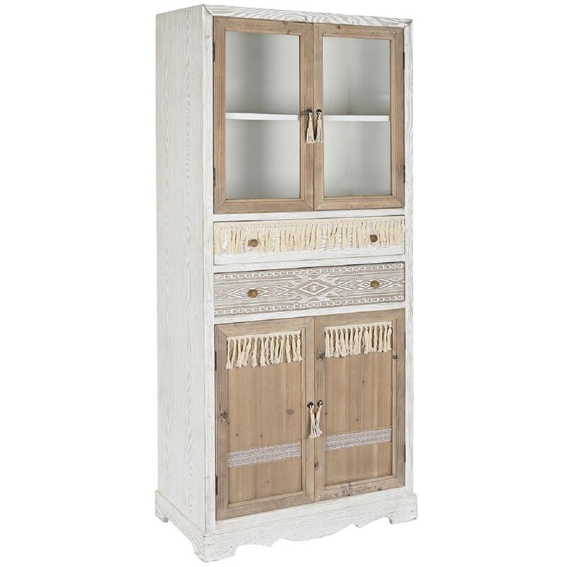 Pegane - Armoire vaisselier, vitrine en bois/verre coloris naturel/blanc - Longueur 80 x Profondeur 42 x Hauteur 180 cm