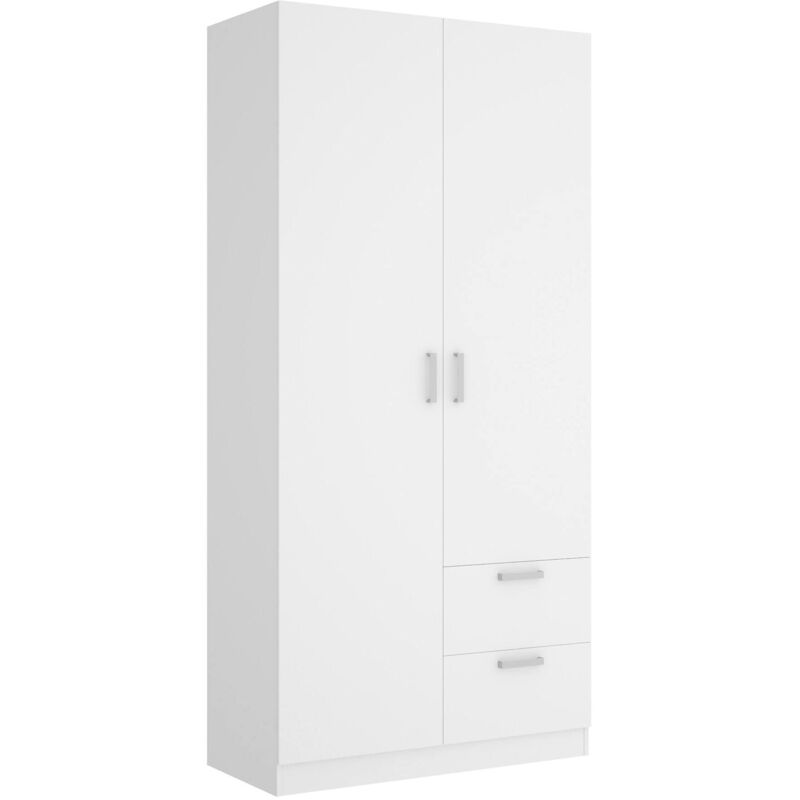 Dmora - Armoire Velino, Portemanteau pour chambre, Armoire avec 2 portes battantes et 2 tiroirs, 100x52h215 cm, Blanc, avec emballage renforcé
