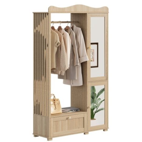 Armoire-vestiaire avec miroir et portemanteau ouvert – Meuble d'entrée compact, rangement pratique avec tiroir et 2 portes, idéal pour la chambre et le couloir.