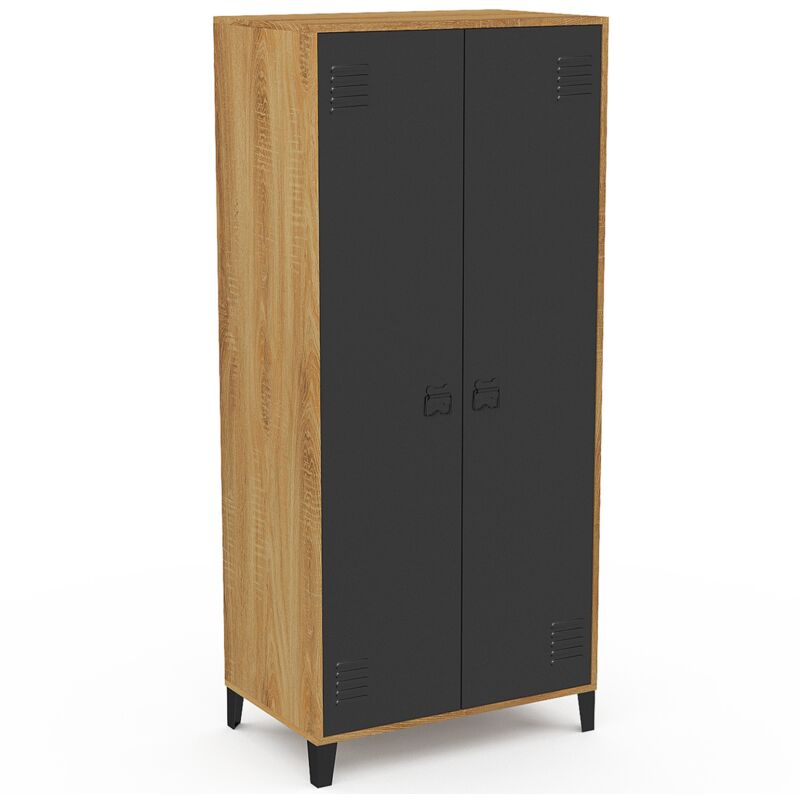 Armoire vestiaire penderie métal noir et bois avec 2 portes