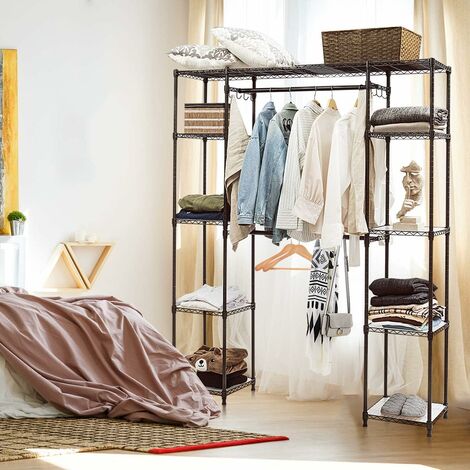 Armoire vêtement adulte pour rangement avec tringles télescopique et etagères brun charge 80kg