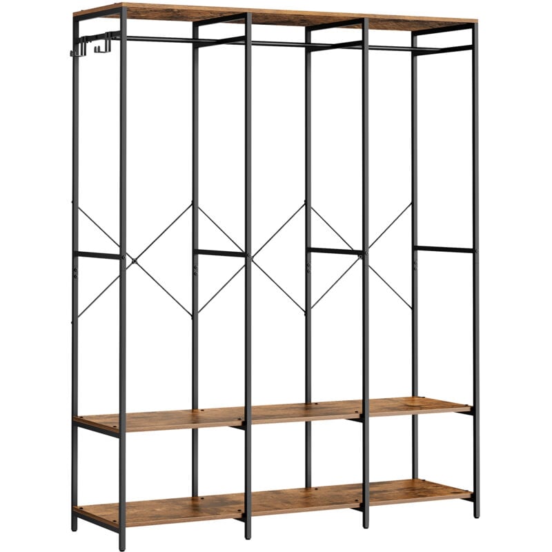 Armoire Vêtements Portable, Penderie Métal Pliable, Étagères de Rangement avec Tringle, Crochet Amovible, 40 x 141 x 180 cm, Marron Rustique