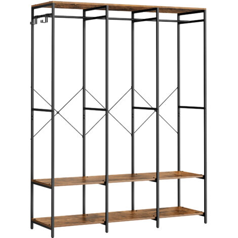 Armoire Vêtements Portable, Penderie Métal Pliable, Étagères de Rangement avec Tringle, Crochet Amovible, 40 x 141 x 180 cm, Marron Rustique