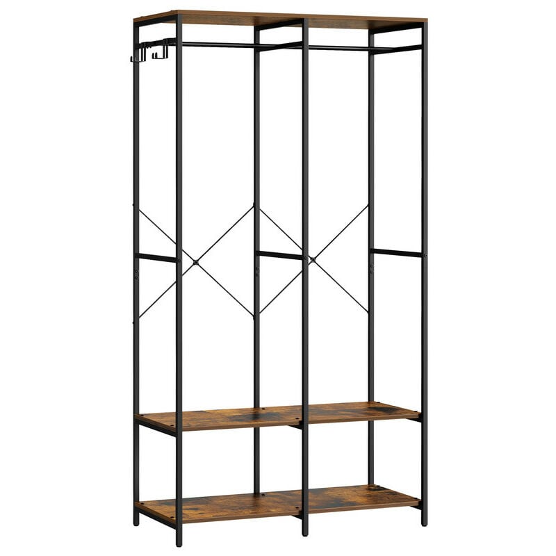 Armoire Vêtements Portable, Penderie Métal Pliable, Étagères de Rangement avec Tringle, Crochet Amovible, 40 x 94,5 x 180 cm, Marron Rustique