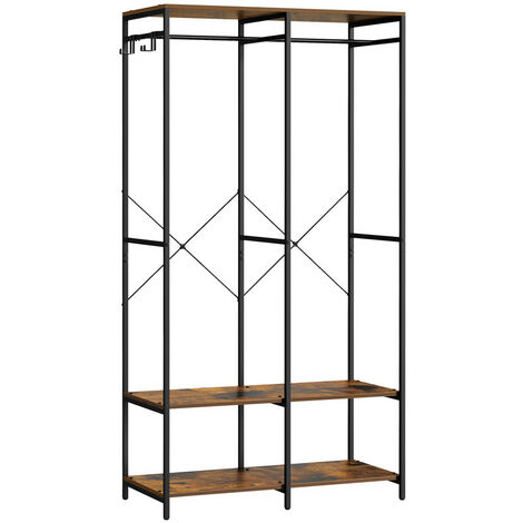 Armoire Vêtements Portable, Penderie Métal Pliable, Étagères de Rangement avec Tringle, Crochet Amovible, 40 x 94,5 x 180 cm, Marron Rustique