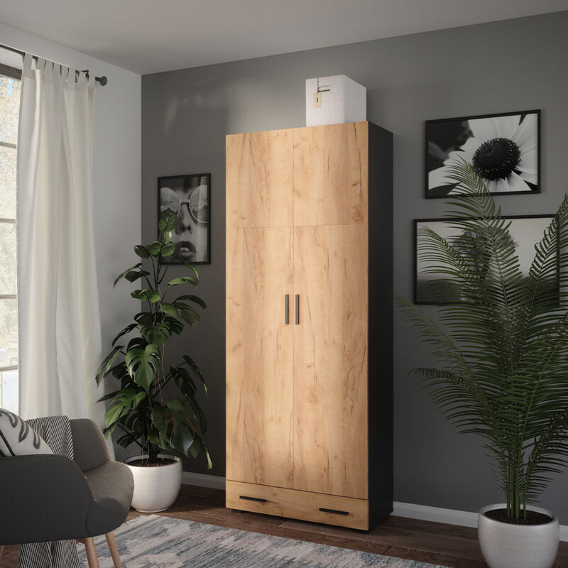 Armoire universelle Ingo, Anthracite/chêne doré, 80x201.2cm avec module de tiroir, Vicco