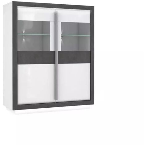 Armoire vitrine 2 portes blanc laqué décor gris béton – Éclairage LED intégré – Dimensions 133x162x53 cm – 6 compartiments et 2 tablettes vitrées – Meubletmoi