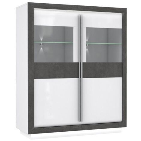 Armoire vitrine 2 portes bois blanc et gris lumière LED - CALVI - Blanc