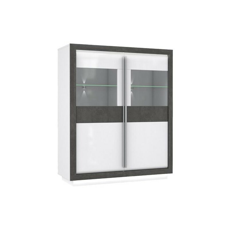 Meubletmoi - Armoire vitrine 2 portes bois blanc et gris lumière LED - CALVI - Blanc
