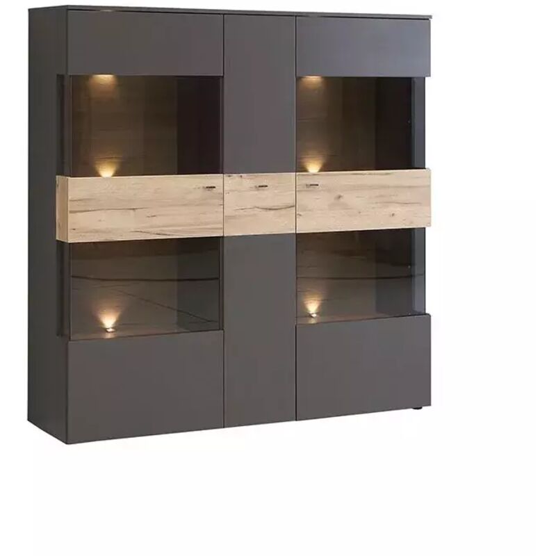 Meubletmoi - Armoire vitrine 150 cm 3 portes décor bois clair et gris - marbella