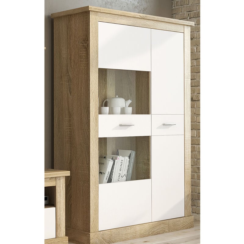 Pegane - Armoire vitrine, buffet haut coloris Chêne cambrian,blanc - Longueur 125 x Profondeur 41,80 x Hauteur 174,70 cm