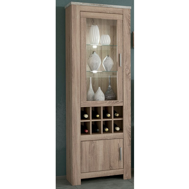 Armoire vitrine, buffet haut coloris Chêne truffé, blanc vieilli - Longueur 68 x Profondeur 37 x Hauteur 201 cm -PEGANE-