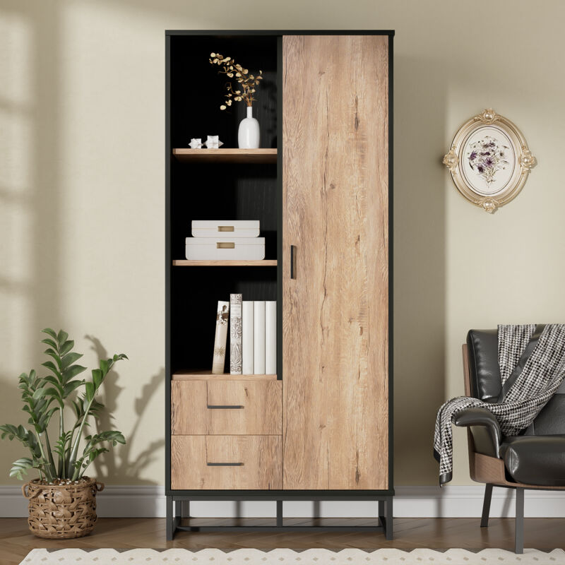Neche - Armoire Vitrine Buffet haut moderne,Aspect bois avec cadre noir,2 Tiroirs + 3 Compartiments ouverts,80L x 40P x 180H cm