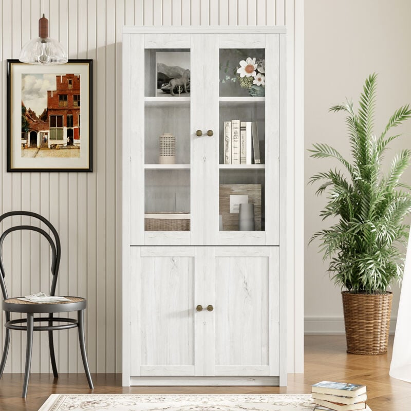 Neche - Armoire Vitrine Buffet haute moderne,Aspect bois avec 2 portes vitrées + 2 portes en bois,80L x 34P x 171H cm