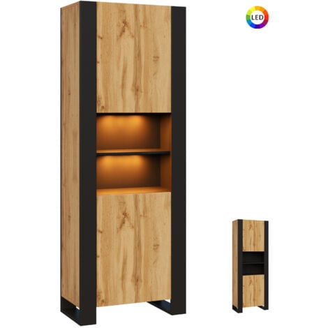 DUSINE Armoire Vitrine LOVY en noir et bois chêne avec LED RGB 70 cm sans poignées