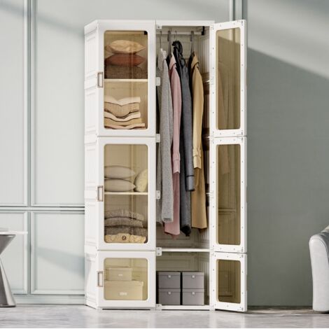 Armoire,avec porte transparente, 5 étagères, 1 tringle à vêtements, armoire portable, armoire de chambre pliable,69x50x170 cm,Blanc
