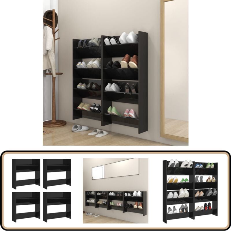 Armoires à chaussures murales 4 pcs noir brillant 60x18x60 cm - Armoire à Chaussures Murale - Rangement Chaussures - Meuble Chaussure - Organiseur