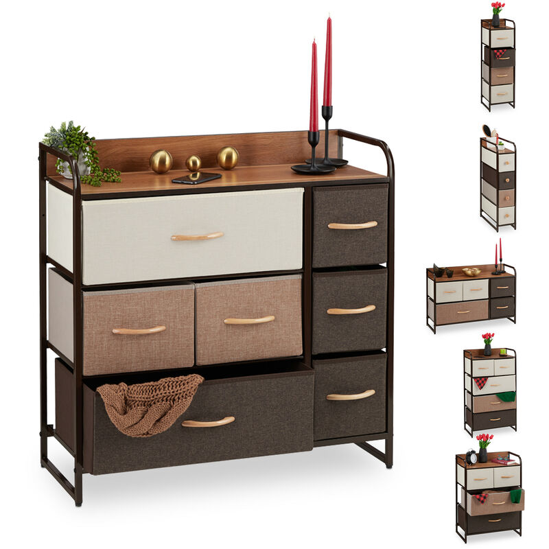 Relaxdays Armoires avec tiroirs, 4 à 7 compartiments, support, pliable, chambre, Commode nuit, 79 x 58 x 31,5 cm brun