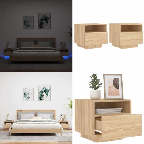Armoires de chevet avec lumières LED 2 pcs chêne sonoma - Table De Chevet - Meuble De Chambre - Luminaire Led - Lampe De Chevet - Décoration Intérieure - Home & Living