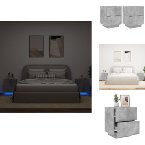 Armoires de chevet et lumières LED 2 pcs gris béton - Table De Chevet - Meuble De Chambre - Luminaire Led - Étagère - Rangement