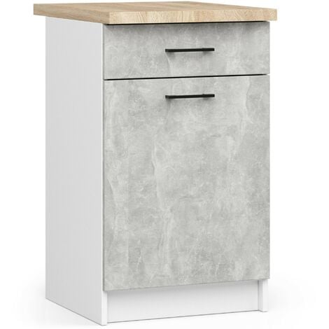 Armoires de cuisine basse AKORD S50 OLIWIA Blanc 50 cm 1 porte 1 tiroir façade Béton 2 étagères 50x46x85 cm