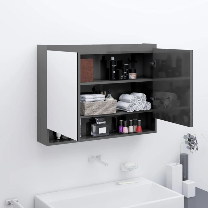 Armoires de salle de bain à miroir avec étagère, double porte miroir, armoire de salle de bain, armoire de rangement de toilettes, 80x15x60 cm MDF