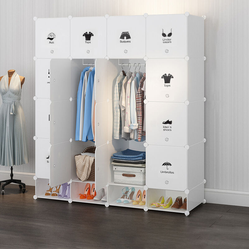 Armoires Etageres Plastiques, Penderie Plastiques, Meuble Rangement 16 Cubes Modulables + 4 Cubes Chaussures, Blanc