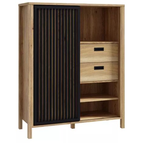 Armoirette 103 cm décor chêne porte coulissante ajourée noire - SELENA