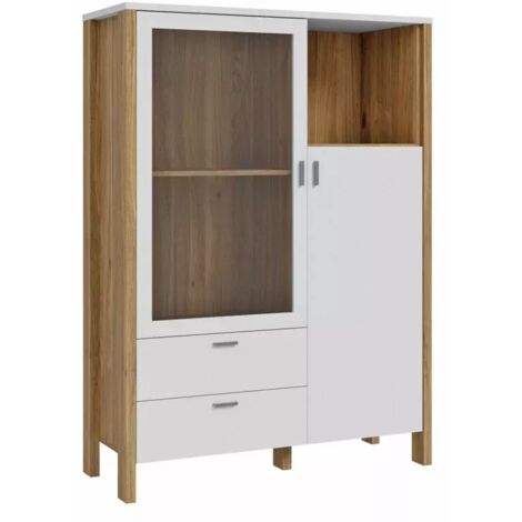 Armoirette vitrée H. 152 cm avec décor gris clair et chêne - DEVONNE