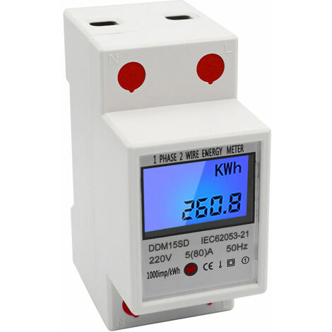 Arnault-Compteur EDF Compteur d'énergie monophasé à rail DIN 5-80A 220V 50Hz compteur électronique de KWh avec affichage numérique à rétroéclairage LCD DDM15SD, blanc - blanc
