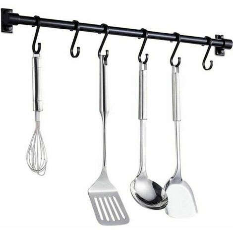 Arnault-Porte Ustensiles, 40CM Barre Étagère de Cuisine avec 6 Crochets Amovibles(Noir)