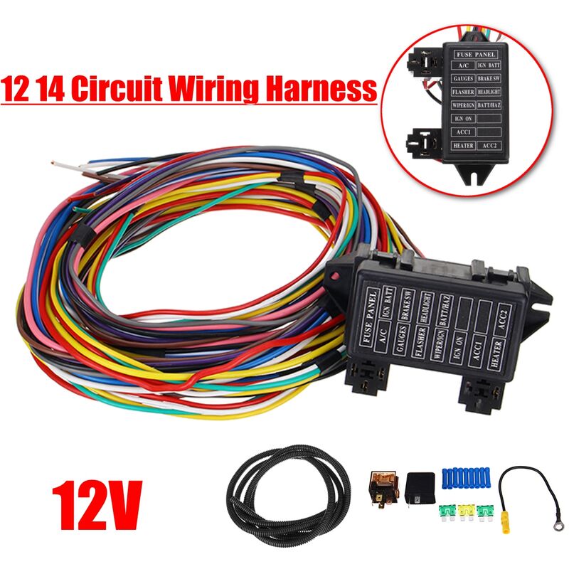 

Arnés de cableado universal de 12-14 circuitos 14 fusibles 12V Muscle Car Hot Rod Street XL Wires