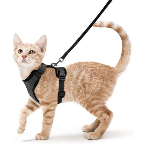 Arnés para gatos con correa de 60 cm, color negro, chaleco antiescape y ajuste de 4 puntos para animales pequeños (conejos), nailon ligero de 86 g, elementos reflectantes de seguridad.