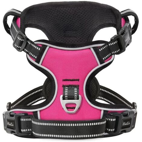 Arnés reflectante antitirones para perros pequeños y medianos, talla S, con asa acolchada. 1 hebilla en el collar recto facilita su colocación y extracción. Color fucsia.