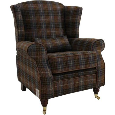 Arnold Harris Tweed Wool Wing Chair Fireside High Back Armchair Bowland Check Heather