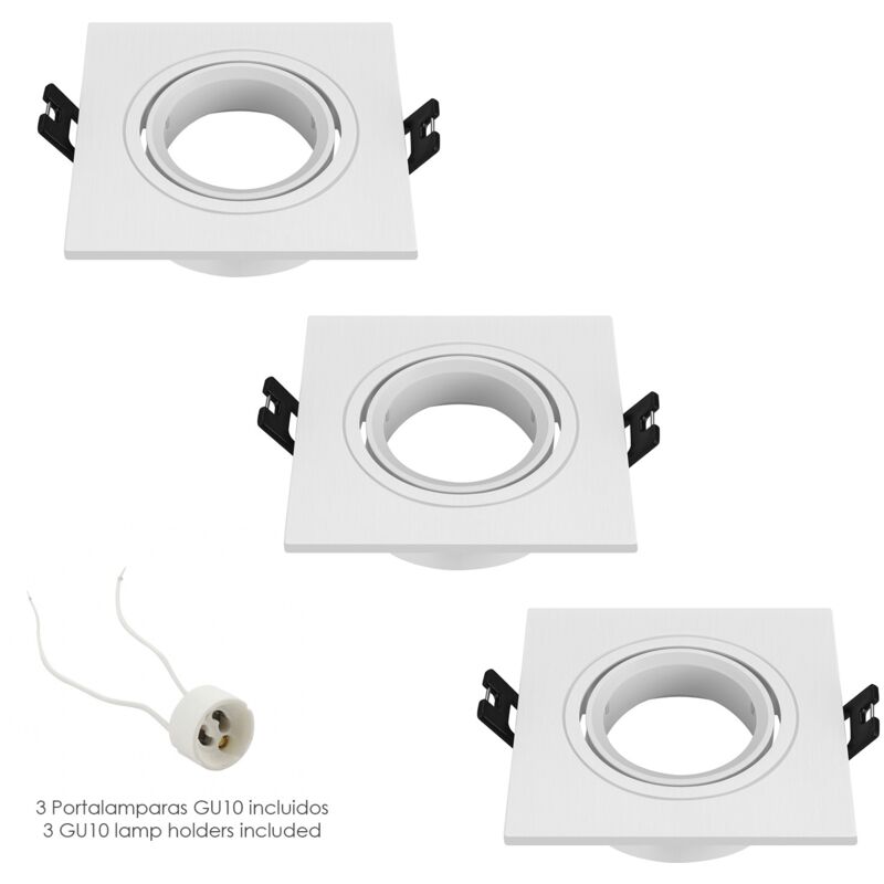 

Aro foco empotrable regulable con portalamparas para bombillas gu10. 93 x 93 x 25 mm. bombilla vista. pack de 3 unidades