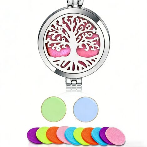 Aromatherapie-Diffusor-Anhänger-Halskette, Schmuckgeschenk in Form eines Lebensbaums aus Edelstahl mit 70 cm Kette und 20 Filzpads