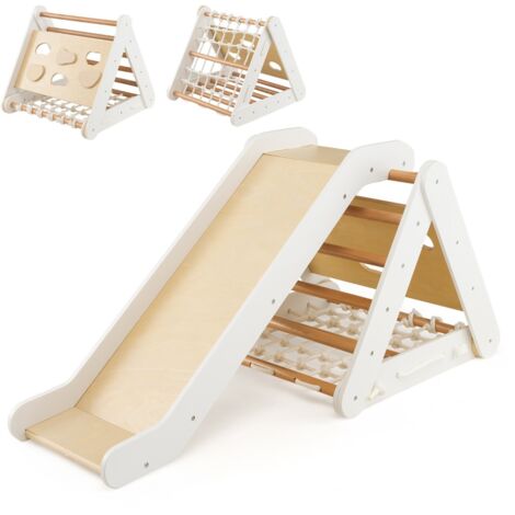 Arrampicata in legno per bambini 4-in-1 con scivolo, Arrampicata a triangolo per interni con rete Bianco