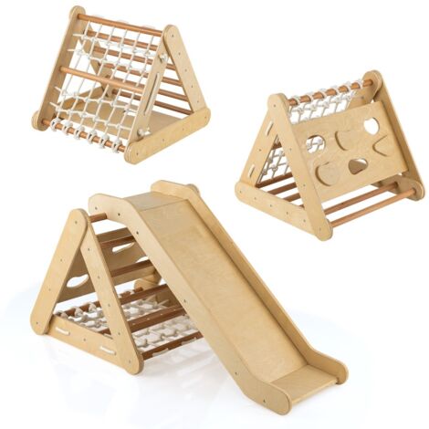 Arrampicata in legno per bambini 4-in-1 con scivolo, Arrampicata a triangolo per interni con rete Naturale