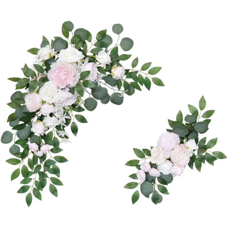 Arrangement de fond de mariage en plein air avec une arche de fleurs d'eucalyptus et de roses artificielles