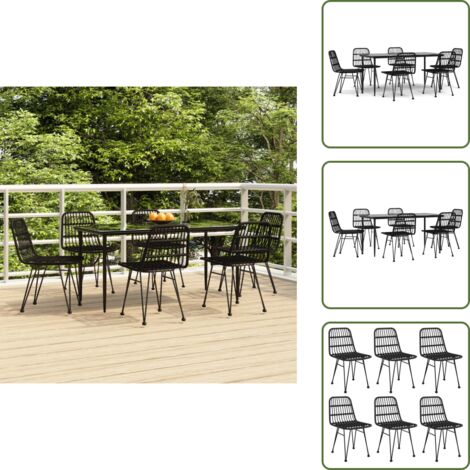 Arredamento da esterno - vidaXL Set da Pranzo da Giardino 7 pz Nero in Polyrattan - Tavolo in vetro temperato
