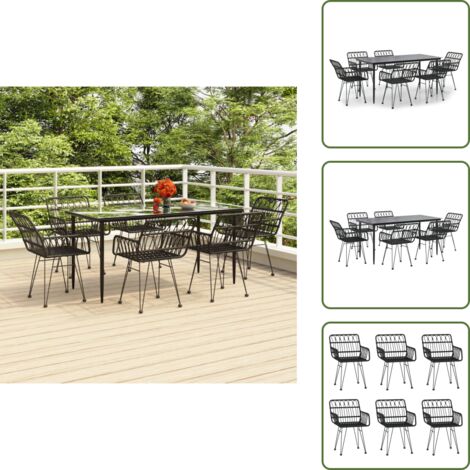 Arredamento da esterno - vidaXL Set da Pranzo da Giardino 7 pz Nero in Polyrattan - Tavolo in vetro temperato