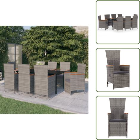 Arredamento da esterno - vidaXL Set da Pranzo da Giardino 9 pz con Cuscini Grigio - Tavolo in vetro