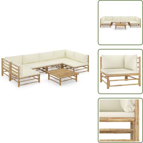 Arredamento da esterno - vidaXL Set Salotto da Giardino 7pz con Cuscini Bianco Crema in Bambù - Divano angolare